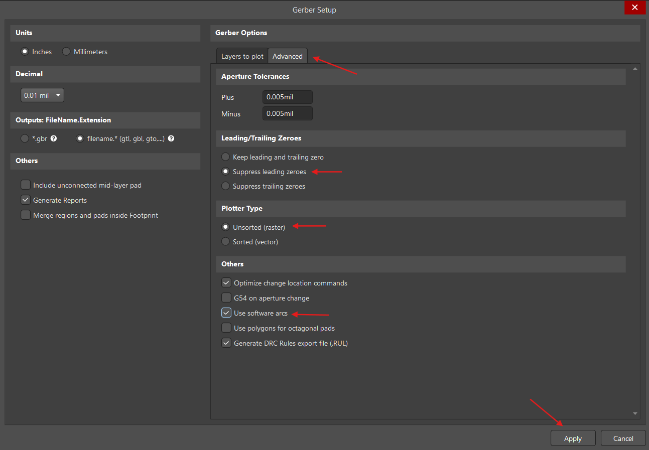 Gerber Export Advanced Settings