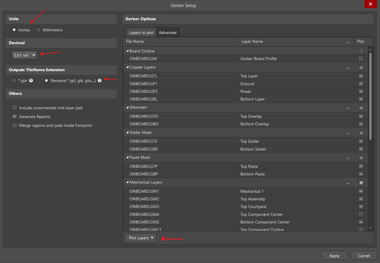 Gerber Export Settings